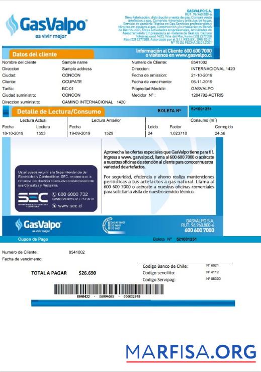 Downloadable Chile GasValpo utility bill real example